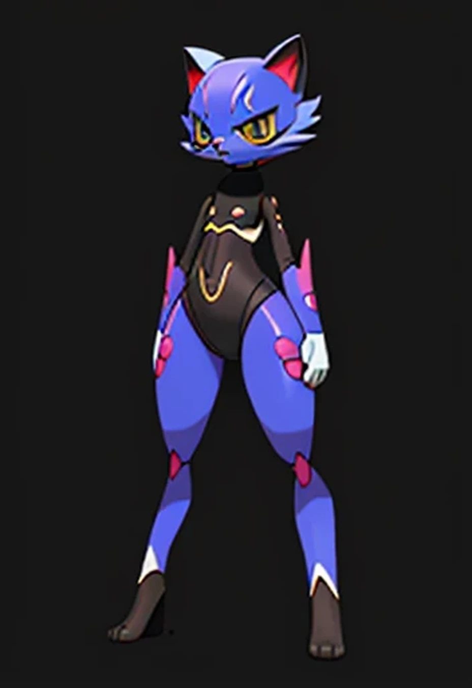 ((Best quality ,artwork )), cat female humanoid, wide hips , wearing Bandage , blue body , big cat ears , ((Pokémon style )) , short hair ,(( shortstack)), small geet , ((Black pupils)).