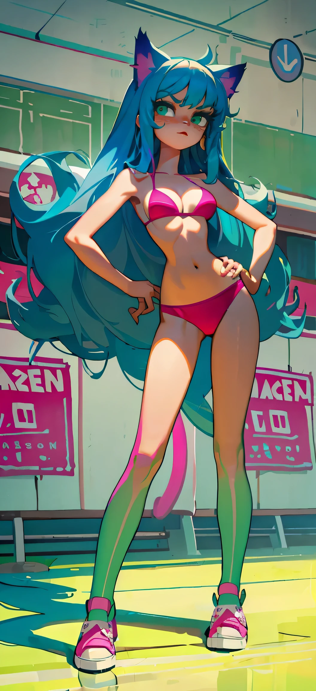 Masterpiece, best quality, high resolution, 1 woman, long blue hair , smooth, green eyes, Bored face , cat ears , pink bikini , abdomen, big breasts , Long legs , hands on hips , canvas shoes , convenience store