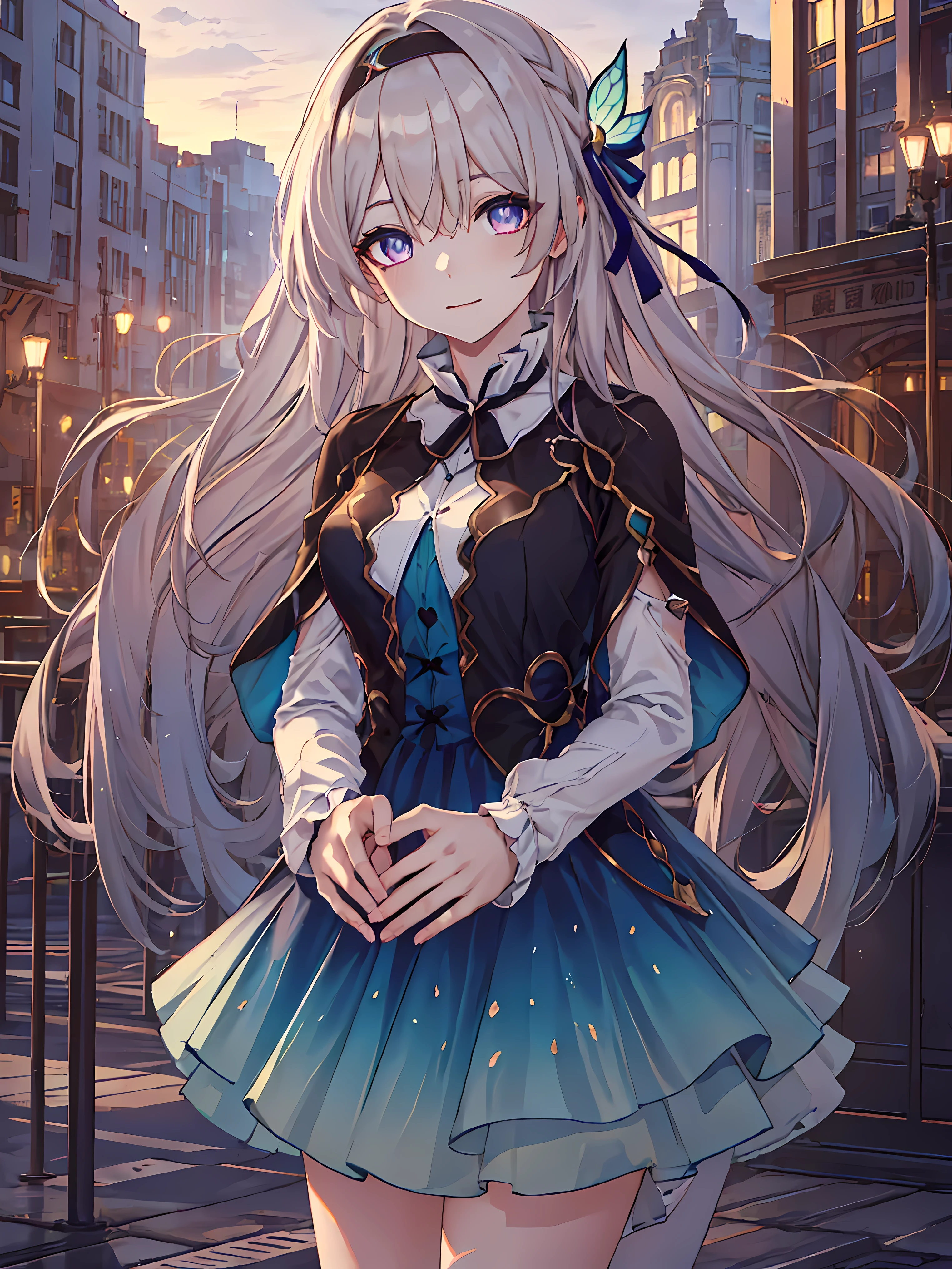 honkaifire Fly, fire Fly, (Purple eyes:1.3), Grey Hair, butterfly hair ornaments, hair ornaments, Hair Intake, Long Hair, (Bright Eyes:1.5), break black shoes, blue dress, blue shoes, dress, shoes, shoes, two-tone dress, two-tone shoes, white dress, Long sleeve, hair band, break outdoors, break looking at viewer, (Cowboy Shot:1.5), smile, break (masterpiece:1.2), highest quality, High resolution, unity 8k wallpaper, (figure:0.8), (Beautiful fine grain:1.6), Highly detailed face, Perfect lighting, Highly detailed CG, (Perfect hands, Perfect Anatomy), break ((masterpiece,highest quality)), Super detailed, Shine, Shine, Ray Tracing, (Perfect Face, Detailed face, Fine grain, Perfect hands, Perfect Fingers:1.5), hd, Super cute face, highest quality, Super detailed, shine eyes, (highest quality realistic illustrations), (Super fine), (Cute illustrations:1.3), (High chroma:1.3),, Beautiful detailed face and eyes, Dynamic lighting, (Very delicate and beautiful), (Nice hands), (Perfect hands:1.4), Highly detailed illustration, Super cute and beautiful, highest quality, slender, ,Baby Face,
