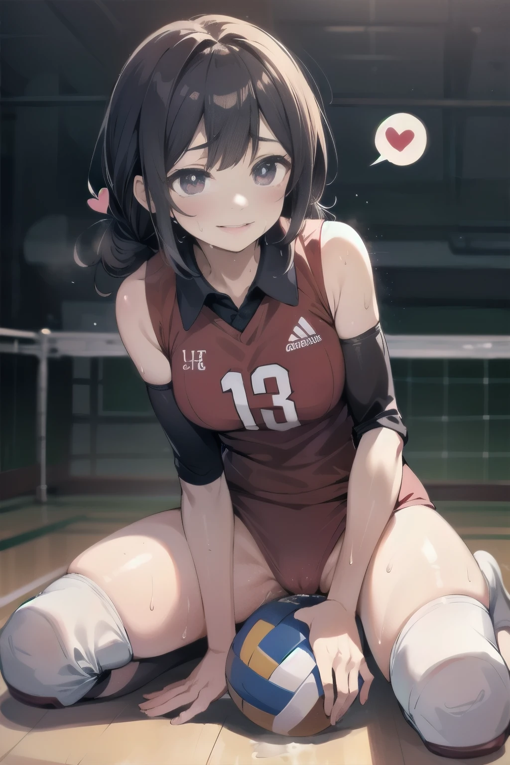 unity 8k wallpaper, anatomically correct, (((masterpiece))), (((best quality))), (((ultra detailed))), (((high-resolution))), ((Ultimate cutie)), perfect hands, perfect finger, (((good anatomy))), detailed beautiful face, shiny hair, (((gyaru))), (potbelly), (curvy), medium breasts, ((Thick thighs)), (((solo))), ((seductive smile)), (((blush))), ((embarrassed expression)), (Eyes are heart marks), (heart shaped pupils), ((trembling)),
BREAK, (((sit astride the perfectly spherical shape 6-inch volleyball))), (((Straddling a perfectly spherical 6" volleyball))), (((Perfectly spherical 6" volleyball fits perfectly crotch))), BREAK, (((Rub the Perfectly spherical 6" volleyball against crotch))), (masturbation),
BREAK, adidas, (Collared volleyball uniforms), sleeveless, ((buruma)), ((kneepad)), ((pussy juice stained)), (elbow pad), (((sweat))), (((covered in sweat))), ((deep breathing)), in Volleyball Court, indoor, lighting, looking at viewer, full body, (spoken heart)