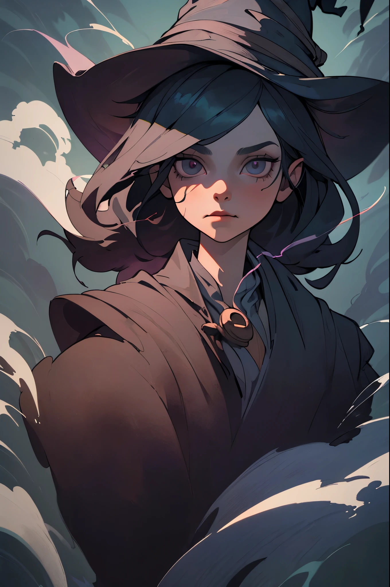 (best quality, masterpiece), 1girl, witch, brewing Potion, indoors, upper body, smoke, looking at viewer, moody atmosphere, floating fog, looking at viewer, dark shadow over eyes, face cast in shadow by large wizard hat