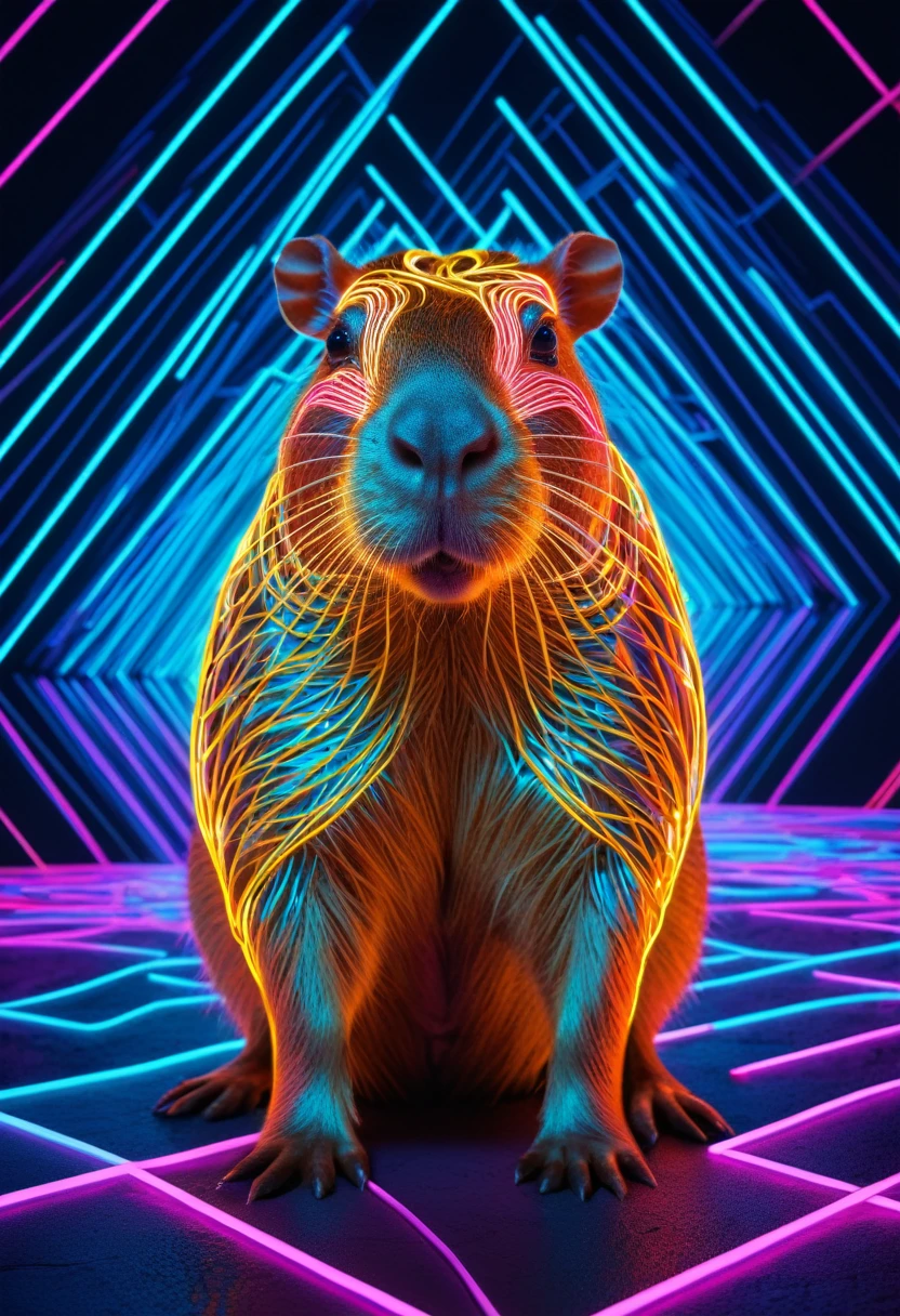 (a capybara), Glowing neon lines intersecting in an abstract pattern, creating a dynamic and vibrant visual effect in a virtual 3D environment, (masterpiece, best quality, perfect composition, very aesthetic, absurdres, ultra-detailed, intricate details, Professional, official art, Representative work:1.3)
