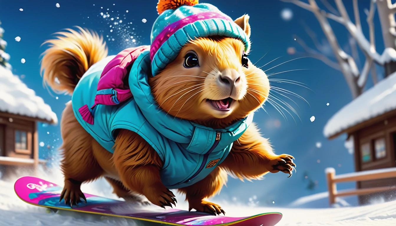 (best quality,4k,8k,highres,masterpiece:1.2),ultra-detailed,(realistic,photorealistic,photo-realistic:1.37),illustration,painted texture,adorable animal,cute capybara,lively facial expression,energetic snowboarding stance,vibrant winter scene,fresh snowfall,natural lighting,playful mood,winter sports,fun activity,joyful atmosphere,colorful snowboard outfit,fur details,blurred background,action shot,frosty breath,steep snowy slope,enthusiastic audience,cozy winter hat,winter adventure,exciting jumps and twists,positive energy,indoor snow park,sharp edges on the snowboard,happy-go-lucky,cold weather,fun-filled day,fast-paced,thrilling moment,skillful maneuvers,exciting winter hobby,cheerful vibe,joyful winter moments