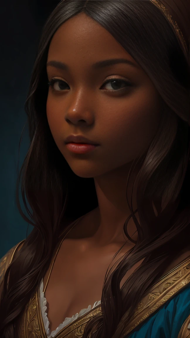 oil painting by Leonardo da Vinci, retrato realista, close do rosto de Gabrielle Union com pele escura, Ebony nose, Cabelo longo, her eyes are sweet and vibrant, your symmetrical face, rich coffee brown skin, luminosidade suavemente iluminada no rosto por REMBRADT, Adobe illustration, trends on Artstation, 8k, High definition, cinematic, obra de arte, magnificent art, melhor qualidade, romanticism renaissance period, oil on canvas, fundo azul rico 