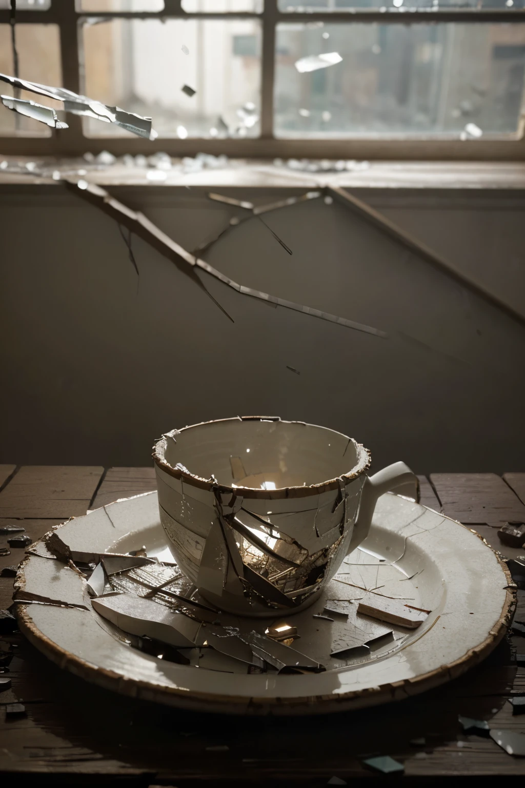 (Masterpiece: 0.9), Dramatic still-life photo, (Intense focus: 1.1), broken plate, intricate details of shattered glass, (Scattered: 1.4), fragments illuminated by soft natural light, (Rustic table: 0.8), (Texture: 1.2), cracks and edges reflecting light, (Depth of field: 1.6), blurred background, (Muted colors: 0.7), splinters of ceramic, (Broken: 1.1), remnants of a once whole object, (Realistic: 1), reflecting the impermanence of things, (Phot