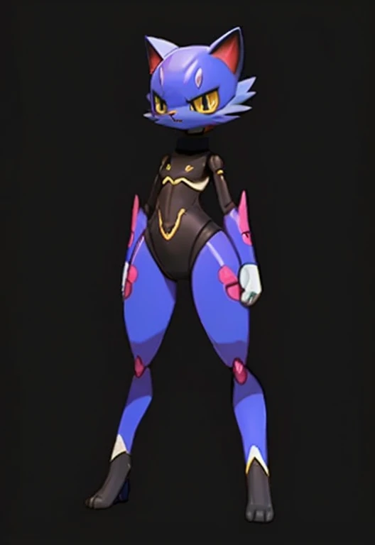 ((Best quality ,artwork )), Robot cat female humanoid, wide hips , wearing Bandage  , blue body , big cat ears  , ((Pokémon style )) , short hair ,(( shortstack)), small geet , ((yellow pupils)) ,cat tall