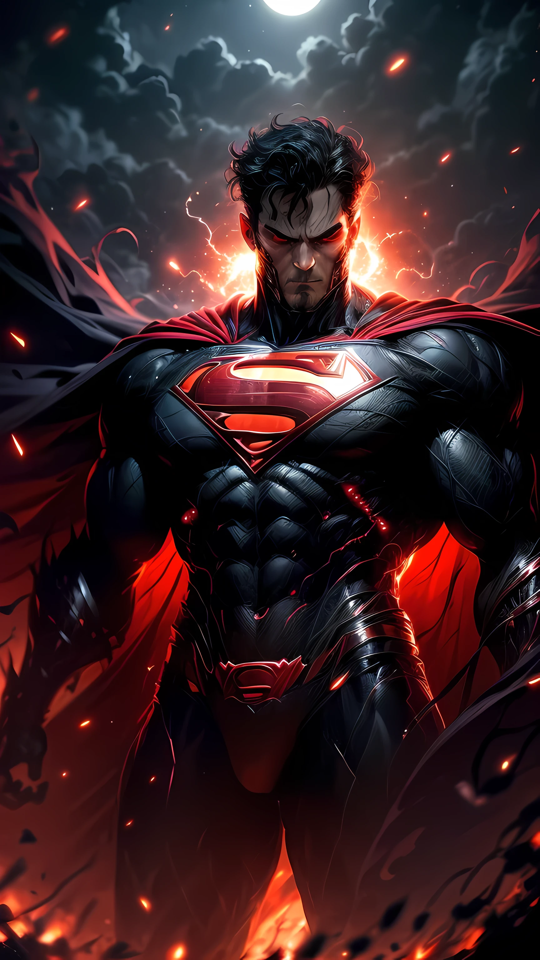 (Super Powerful), (Handsome and Menacing Face: 1.2), Evil Superman, with horns on the forehead, surrounded by fire, on a dark night with a full moon and low light, black superman suit, red cape, intense hellfire, (Extremely Detailed CG: 1.3), Depth of Field, Cinematic Lighting, Lens Flare, (Dramatic Atmosphere and sinister: 1.5), (formidable figure: 1.4), standing confidently, (large and imposing frame: 1.1), (very complex and realistic texture: 1.2), luminous red eyes, glowing sinisterly in the dark, masterpiece, high quality image , clear, defined face, perfect hands,