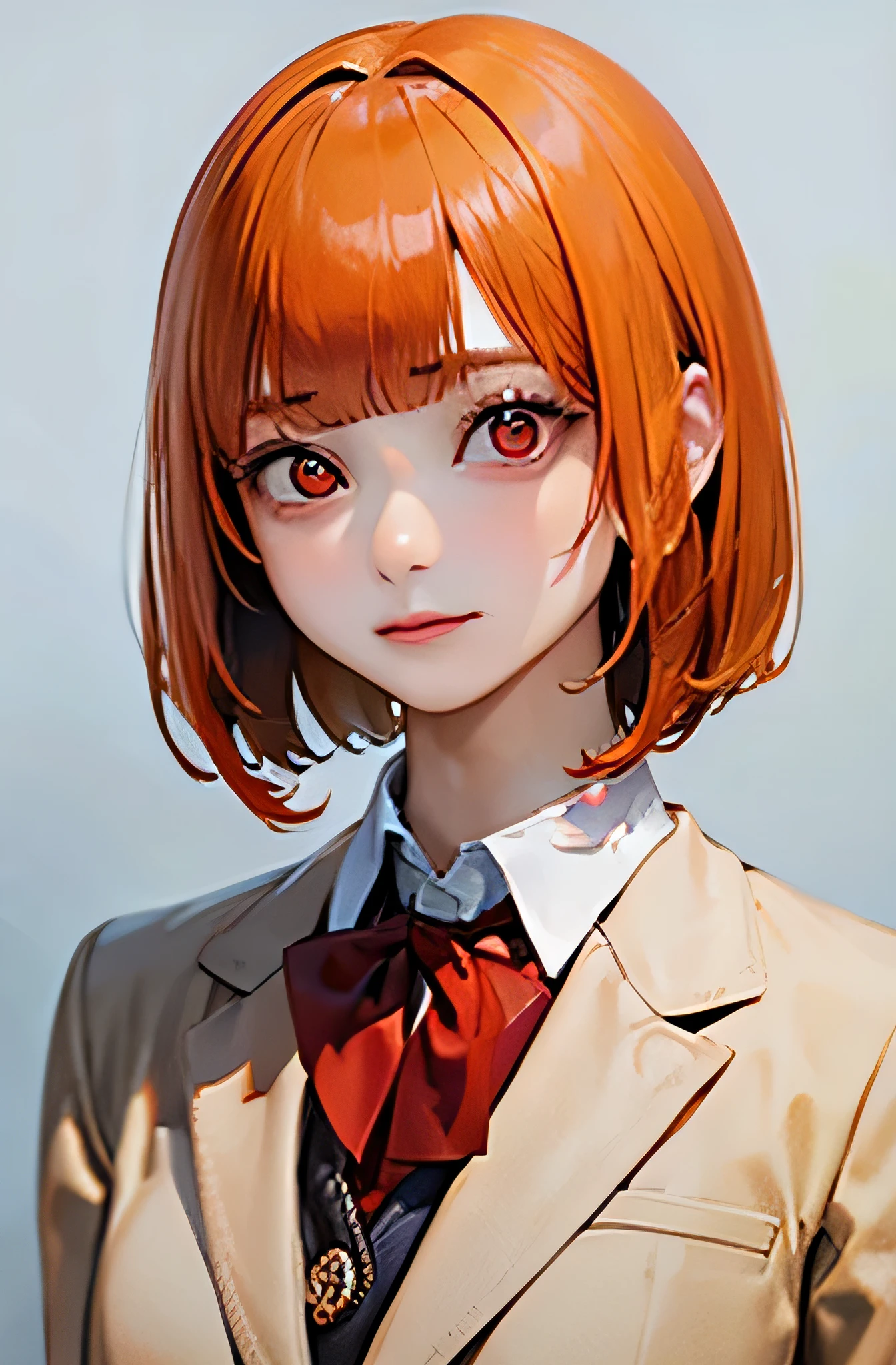 /*General image quality*/ (8k, RAW photo, best quality, masterpiece:1.2), ultra detailed, ultra high res, high-resolution,(realistic, photo realistic:1.4),depth of field, realistic shadow, caustics, natural shading, photon mapping, fine-textured, perfectly focused,
/*Detailed image quality*/ cinematic lighting, soft lighting, HDR, SIGMA 24 mm F/2.8, ISO 400, 1/125 sec shutter,an extremely delicate and beautiful, extremely detailed, 8k wallpaper, Amazing, finely detail, huge file size, extremely detailed CG, unity 8k wallpaper, official art, perfect artwork, production art, 
BREAK
/*figure*/
1girl, (20 years old:1.2), cute girl, pretty girl, perfect idol, kawaii,realistic body, , gravure model,realistic skin texture, fair skin, shiny skin, slender body, good figure, gleaming skin,
BREAK
/*system*/
glamorous,tall,large breasts,
BREAK
/*Hairstyle*/
(((((blunt bangs))))),(((((orange hair))))),(((((straight hair))))),(((((very short hair))))),
BREAK
/*eye*/
beautiful eyes,(((((red eyes))))),
BREAK
/*Costume*/
(((school uniform, blazer))),
BREAK
/*Pause*/
arms behind back,
BREAK
/*angle*/
upper body,
REAK
/*place*/
white background,
BREAK
/*Brightness*/
sunlight,