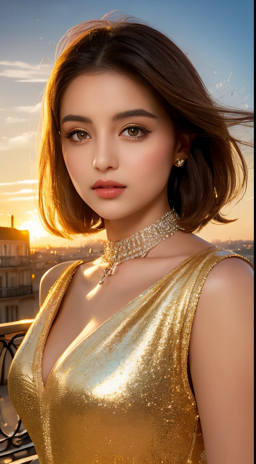 One Arabian model , Fairy-like.Wearing a suit、Curve details , Detailed eyes, double eyelid, Plump lips, Short hair, Professional makeup, Golden ratio, Hyper res Sunset sky、Parisian café scene、Silver necklace、