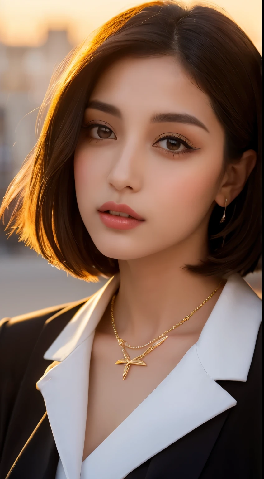 One Arabian model , Fairy-like.Wearing a suit、Curve details , Detailed eyes, double eyelid, Plump lips, Short hair, Professional makeup, Golden ratio, Hyper res Sunset sky、Parisian café scene、Silver necklace、
