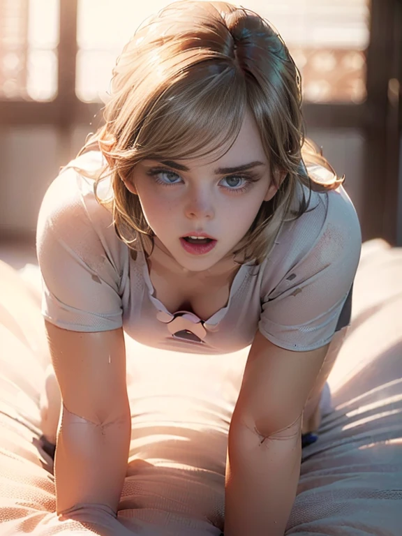 (Best quality, 8K, a high resolution, photorealistic:2.0), (One, one girl:2.0),(lighting: front),(lighting: strong),(insanely beautiful girl:2.0),(shiny skin:1.5),(oily skin:1.5),(Platinum blonde hair color:1.5),Blush brown makeup , dark eye makeup , use pink glossy lipstick,(girl with big eyes:1.5),(girl amazing sex appeal:1.5),(woman crawling on all fours:1.5),(Woman crawling on all fours on a clean bed:1.5),(big breasts),(A glimpse of cleavage is visible),(Woman smiling at viewer),(Wearing a low-cut T-shirt:1.5),(very tight T-shirt:1.6),(A woman full of eroticism)