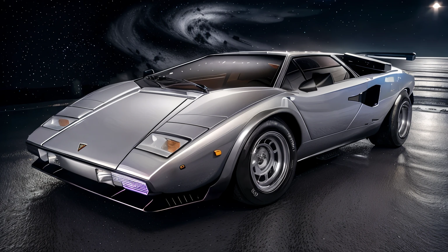 iridescent silver Lamborghini Countach car on a road, (3 quarter view), Hasselblad, sharp focus, masterpiece, best quality, official art, extremely detailed CG unity 8k wallpaper, illustration, moving, background motion blur, wet, (((NIGHT))),neon lights, drift,