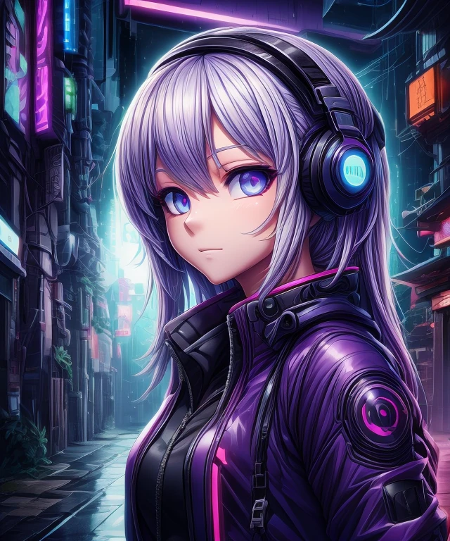 1girl, white hair, long hair, techwear masterpiece, bestquality, realistic, realism, dark purple jacket, portrait, detailed eyes, wearing headset, platinum hair, 21 year old girl, fashion pose, half body, wide shoot, on the street, cyberpunk