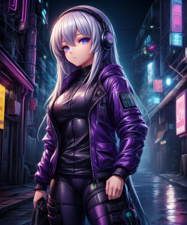 1girl, white hair, long hair, techwear  masterpiece, bestquality, realistic, realism, dark purple jacket, portrait, detailed eyes, wearing headset, platinum hair, 21 year old girl, fashion pose, half body, wide shoot, on the street, cyberpunk