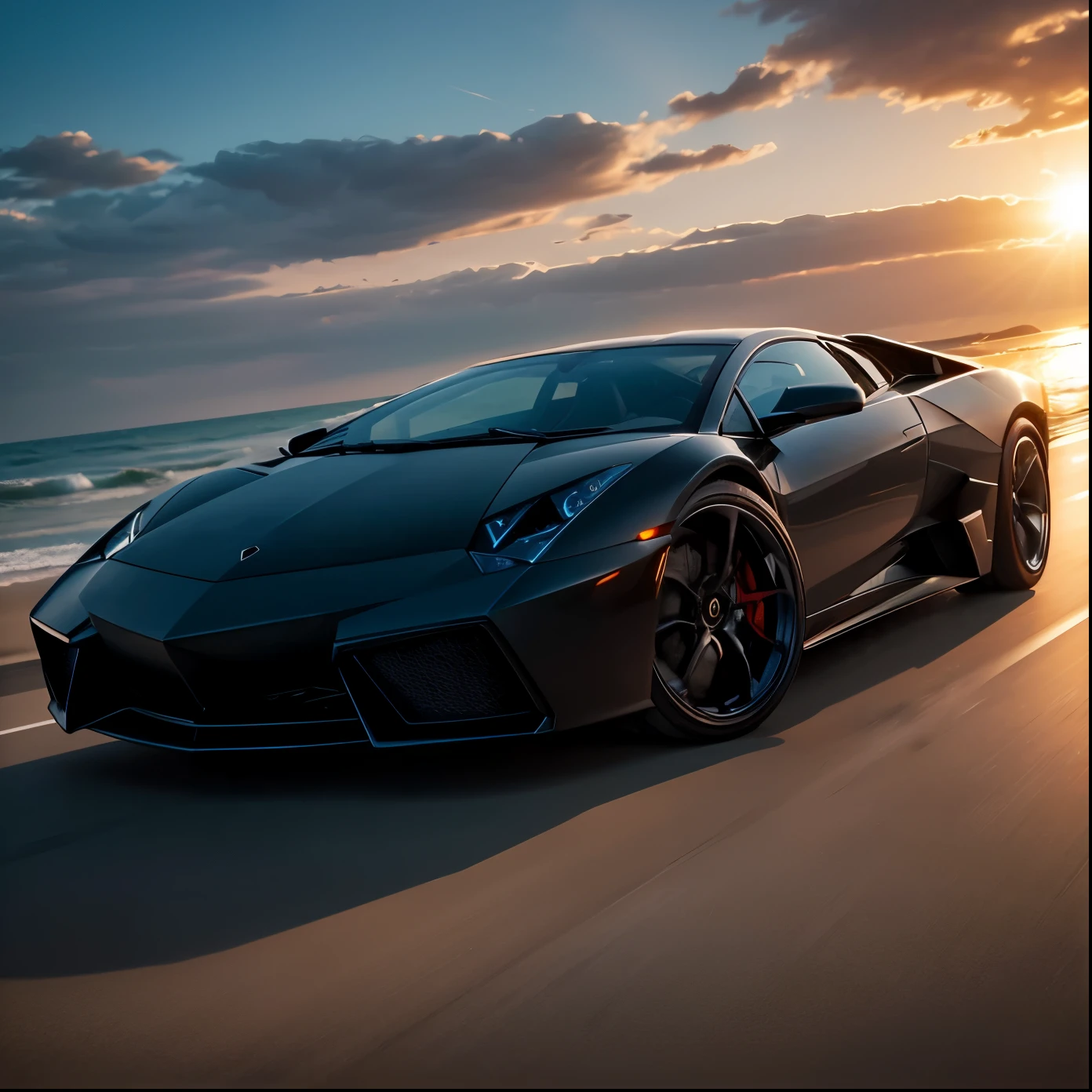 Supercar Lamborghini reventon driving past beautiful sunset beach, ( cinematic, film grain:1:1) 35mm lens