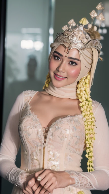 (masterpiece), ((best high quality:1.0), (ultra highres:1.0), detailed illustration, 8k, ((highest detailed)), ((ultra realistic)), soft lighting, ((realistic face, realistic skin)), ((super high resolution)), extreme detailed, ((HD picture)), ((26 Years Old)) ((indonesian young mother with hijab)), ((small breasts)), forward chest, ((busty body)), tall body, ((full body shot)), ((perfect beautiful face, thick lips, blush, Perfect round eyes, thin smile)), ((sexy panganten sunda)), full body. Showing cleavage. 