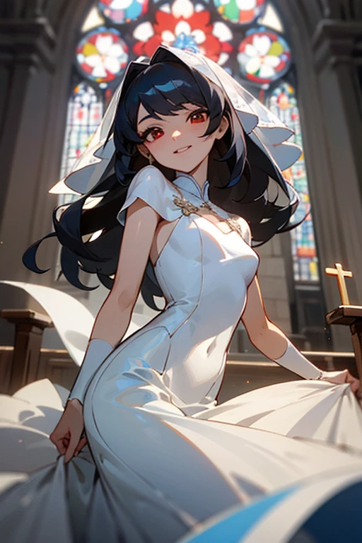 ((mejor calidad)), ((Obra maestra)), (detallado), cara perfecta, Joven de cabello negro largo y lacio, ojos rojos, pale skin, asian factions, 19 years, esbelta, busto mediano, bonitas curvas, estilo anime, elegante, only character in the image, nice , wedding dress, waiting for you, happy, red eyes, cute face, church background, sexy dress, short dress, medium