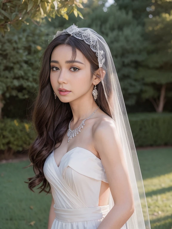 (masterpiece), Best Quality, Highest Quality, Highly detailed CG Unity 8k wallpaper, Original, High resolution, (depth of fields: 1.5), fidelity: 1.3, small breasts, Bride portrait style, 1 girl, drapes, veils , Bridal Veil, wedding dress, drapes, Jewelry, Solo, earrings, tusk, bride, Black_hair