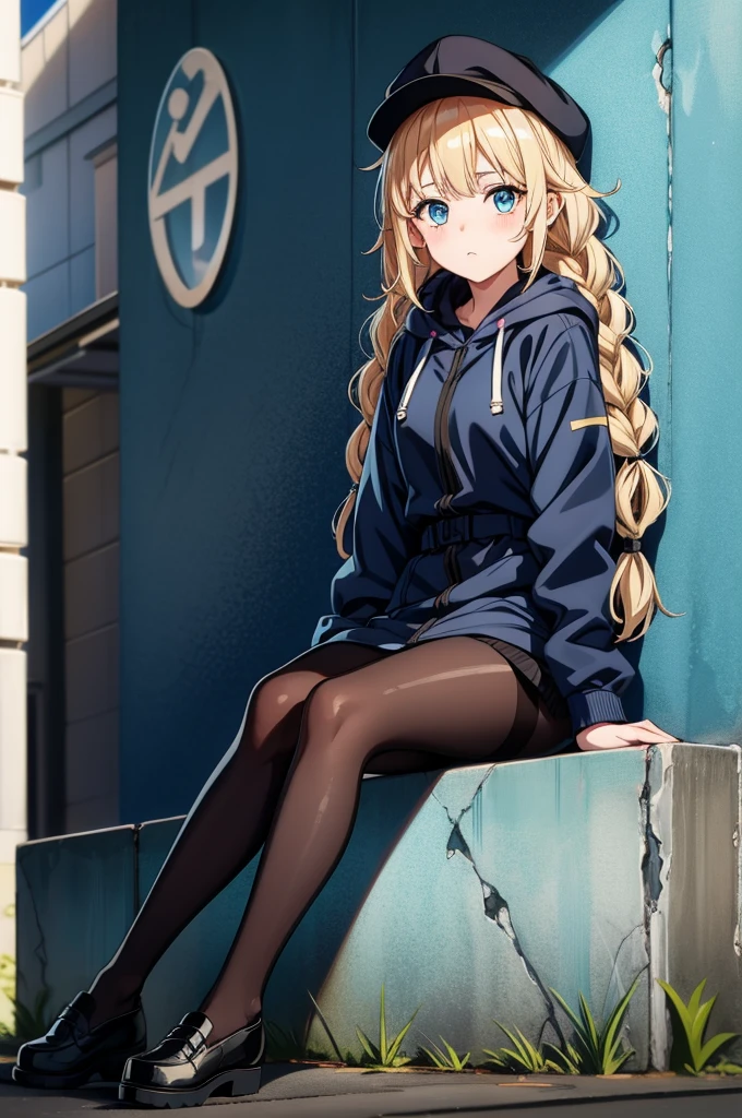 a blond haired, blue eyed anime character sitting outside with graffiti all in the background, 1girl, solo, blue eyes, sitting, blonde hair, jacket, black pantyhose, hat, pantyhose, braid, looking at viewer, hood, shirt, black headwear, black shirt, long sleeves, open clothes, shoes, twin braids, open jacket, long hair, bangs, black footwear, blush
