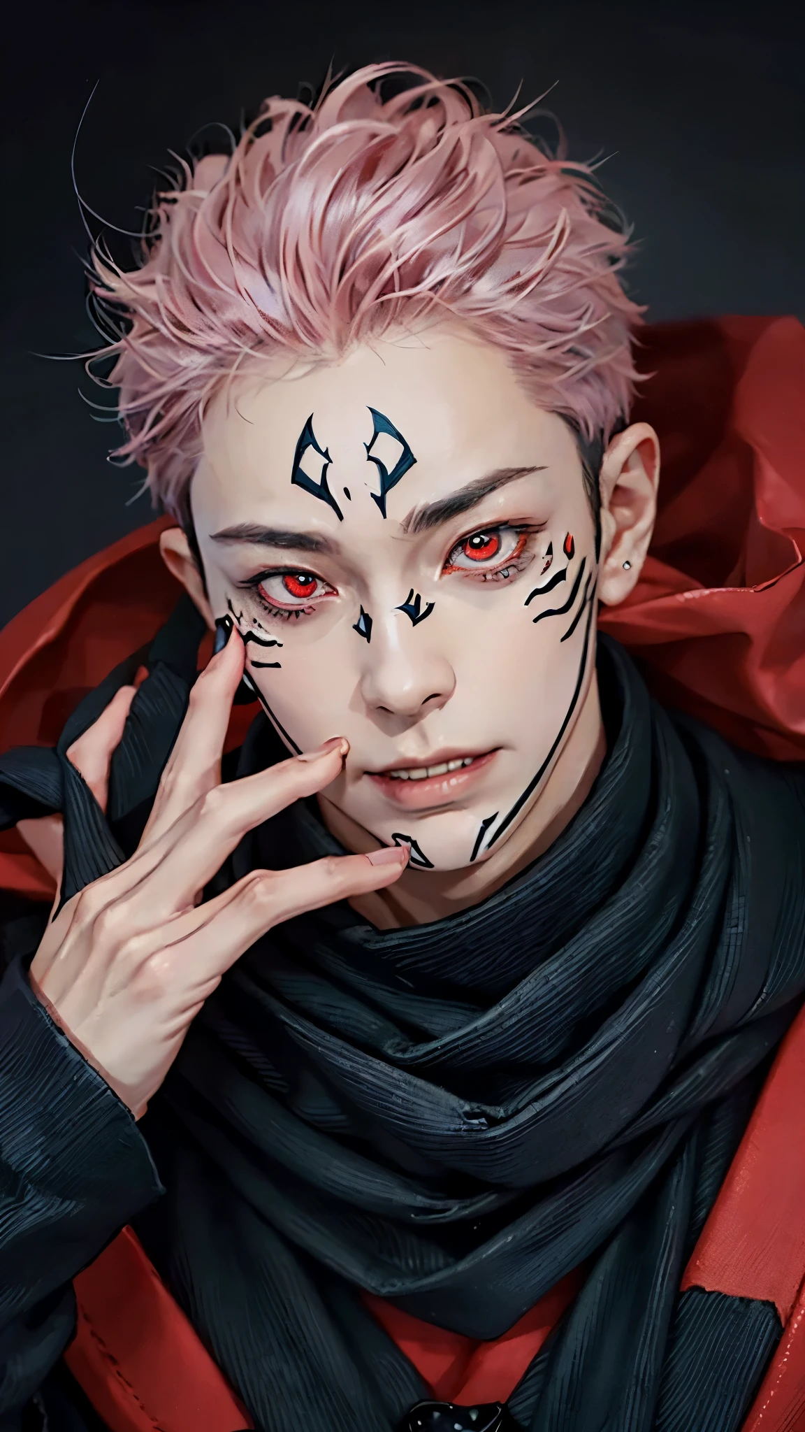 1 person, close-up,male focus,face focus,Yuji Itadori's Mode Sukuna in the anime Jujutsu Kanna, No smile,(extra eyes:1.6),black scarf,facial tattoo, short hair , Pink Hair, Red Eyes, Handsome, Black clothes, Practical clothes, Details of clothes,blank background, Ultra Detailed, Practical
