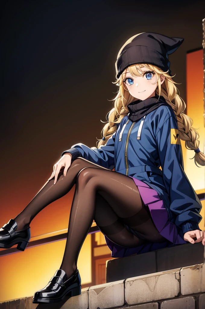 the girl is sitting quietly with a smile on her face and is beautiful, 1girl, solo, jacket, blonde hair, sitting, blue eyes, pantyhose, beanie, hat, braid, twin braids, looking at viewer, shoes, black pantyhose, black footwear, long hair, long sleeves, black headwear