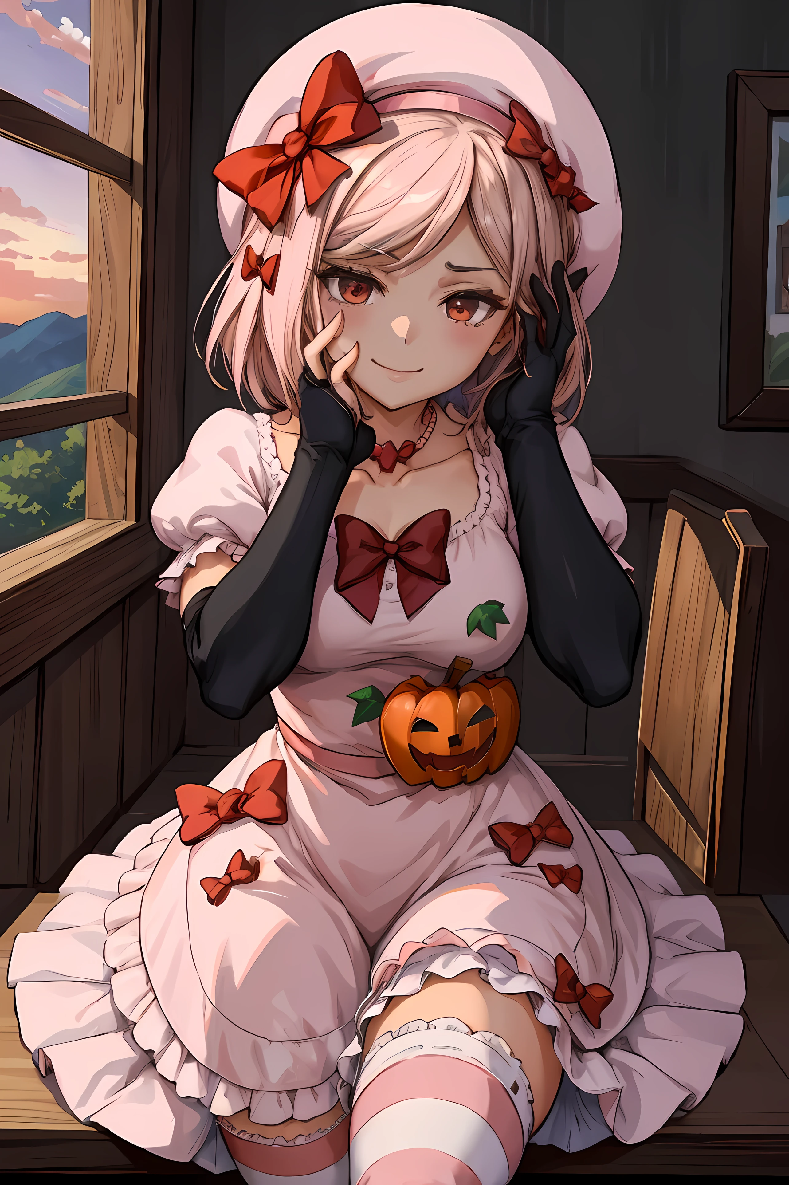 (masterpiece),(best quality), lambdadelta ,dress, striped stockings, red bow, pink hat, necklace, gloves, pearl, pumpkin brooch, crazy face, upper body, persistent stare, mountains, forest, looking at the viewer, red sky, yandere trance, yandere, hands on own face,hands on own cheeks, blank eyes, blush, large smile, yandere smile,