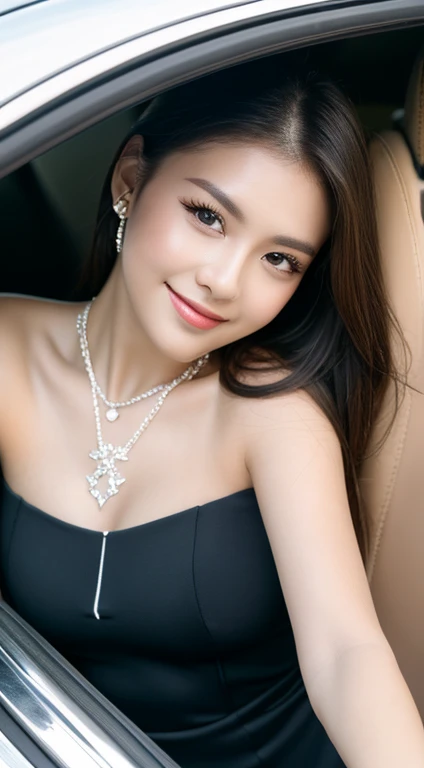 ((highest quality, 8k, masterpiece: 1.3)), concentrated: 1.2, Perfect body beauty: 1.4, Hip: 1.2, Big Breasts: 1.2, ((Delicate long hair)), (sparkling dress: 1.1) , Panty shot, White sexy panties,(sports car, street: 1.2),Black sexy dress,Spread your legs boldly,Emphasis on the crotch, Highly detailed face and skin texture, Beautiful Eyes, double eyelid, White skin, smile, Wearing necklace, ring, Woman sitting in car.