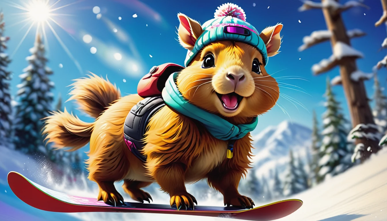 (best quality,4k,8k,highres,masterpiece:1.2),ultra-detailed,(realistic,photorealistic,photo-realistic:1.37),illustration,painted texture,adorable animal,cute capybara,lively facial expression,energetic snowboarding stance,vibrant winter scene,fresh snowfall,natural lighting,playful mood,winter sports,fun activity,joyful atmosphere,colorful snowboard outfit,fur details,blurred background,action shot,frosty breath,steep snowy slope,enthusiastic audience,cozy winter hat,winter adventure,exciting jumps and twists,positive energy,indoor snow park,sharp edges on the snowboard,happy-go-lucky,cold weather,fun-filled day,fast-paced,thrilling moment,skillful maneuvers,exciting winter hobby,cheerful vibe,joyful winter moments