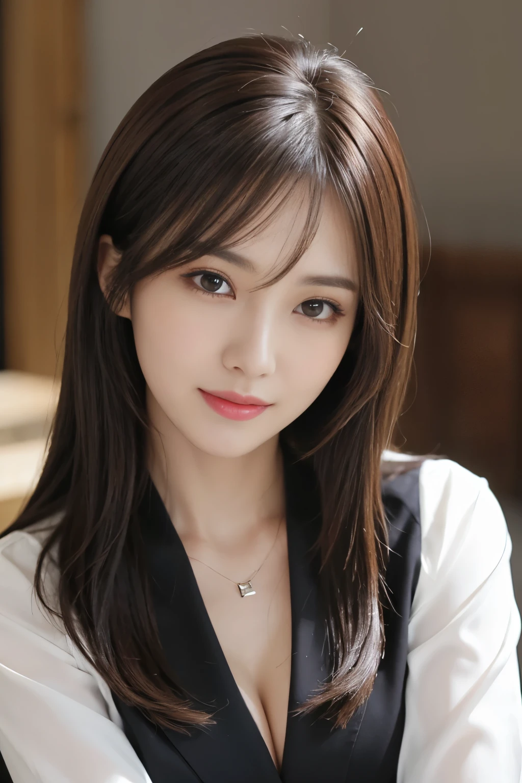 table top、highest quality、genuine、Super detailed、finely、High resolution、8k wallpaper、one beautiful woman、、、light brown disheveled hair、wearing a business suit、sharp focus、perfect dynamic composition、beautiful and detailed eyes、thin hair、Detailed genuine skin texture、smile、close-up portrait、model body shape