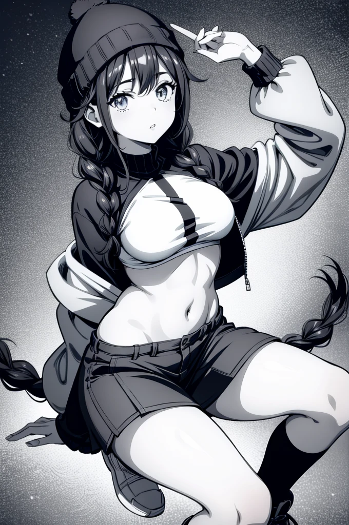 a female cartoon character wearing a skirt and jacket is in black and white, 1girl, solo, shorts, hat, monochrome, navel, long hair, braid, looking at viewer, short shorts, jacket, open jacket, open clothes, twin braids, breasts, midriff, crop top, stomach, spot color, holding, off shoulder, greyscale, socks, thighs, beanie, long sleeves, blue eyes, kneehighs, shoes, parted lips