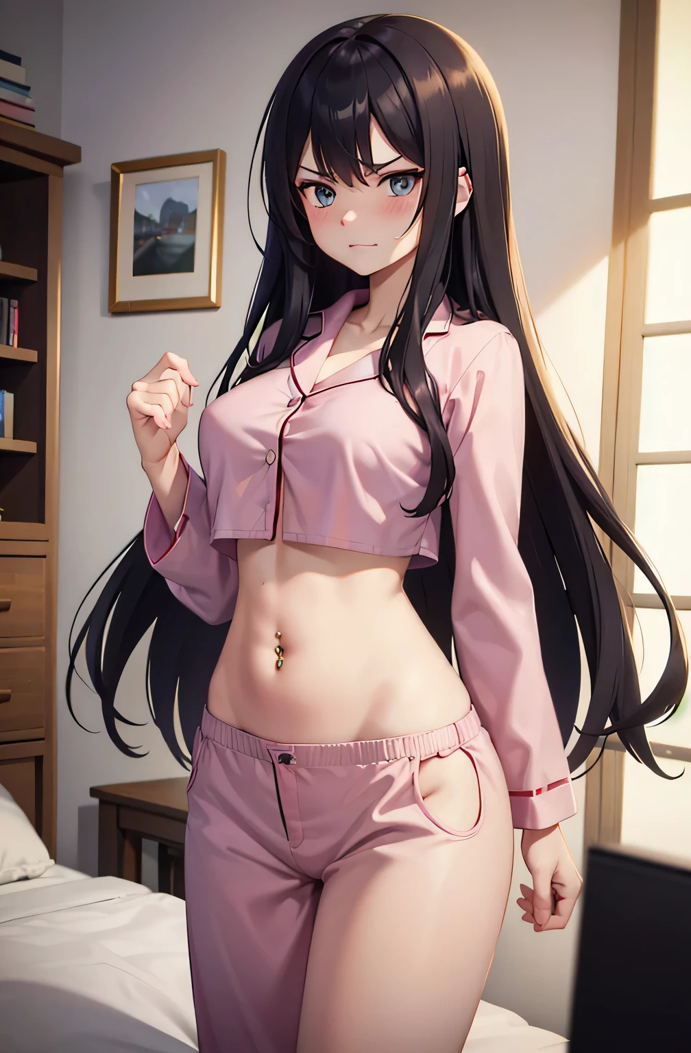 super fine illustration, vibrant colors, masterpiece, sharp focus, best quality, depth of field, cinematic lighting, ultra detailed, sleeves, crop top, pajamas, button up, pajama pants, drawstring, belly button piercing, wide hips, 1 woman, home, solo, milf, very messy hair, dark color hair, long hair, slender, blush, room, indoors, angry, mature female, tall woman,