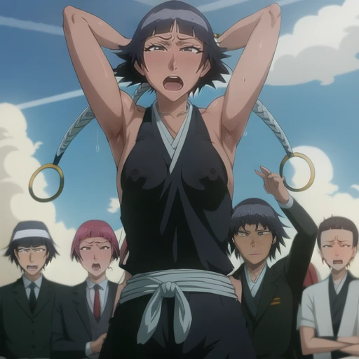 ( Animation screenshots:1.1),outdoor, Nipples exposed, 1 woman, alone, black hair, side breasts,eternal, short hair with long locks, japanese clothing, - Hip vents, no underwear,short hair, small breasts, (white eyes:1.1),No eyeballs, Also available in black, no headgear,low double braids,facing the audience, looking at the audience, tired, from below, (Exposed armpit:1.1), ((armpit:1.2)), Sexy, Sweat dripping, More and more sweat,(ahegao), (Roll your eyes), naughty face, blush, open mouth, Sticking out tongue, saliva, Slobber,Runny nose,skinny, raise arms, (arms above head:1.5)
