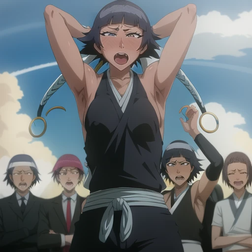 ( Animation screenshots:1.1),outdoor, Nipples exposed, 1 woman, alone, black hair, side breasts,eternal, short hair with long locks, japanese clothing, - Hip vents, no underwear,short hair, small breasts, (white eyes:1.1),No eyeballs, Also available in black, no headgear,low double braids,facing the audience, looking at the audience, tired, from below, (Exposed armpit:1.1), ((armpit:1.2)), Sexy, Sweat dripping, More and more sweat,(ahegao), (Roll your eyes), naughty face, blush, open mouth, Sticking out tongue, saliva, Slobber,Runny nose,skinny, raise arms, (arms above head:1.5)