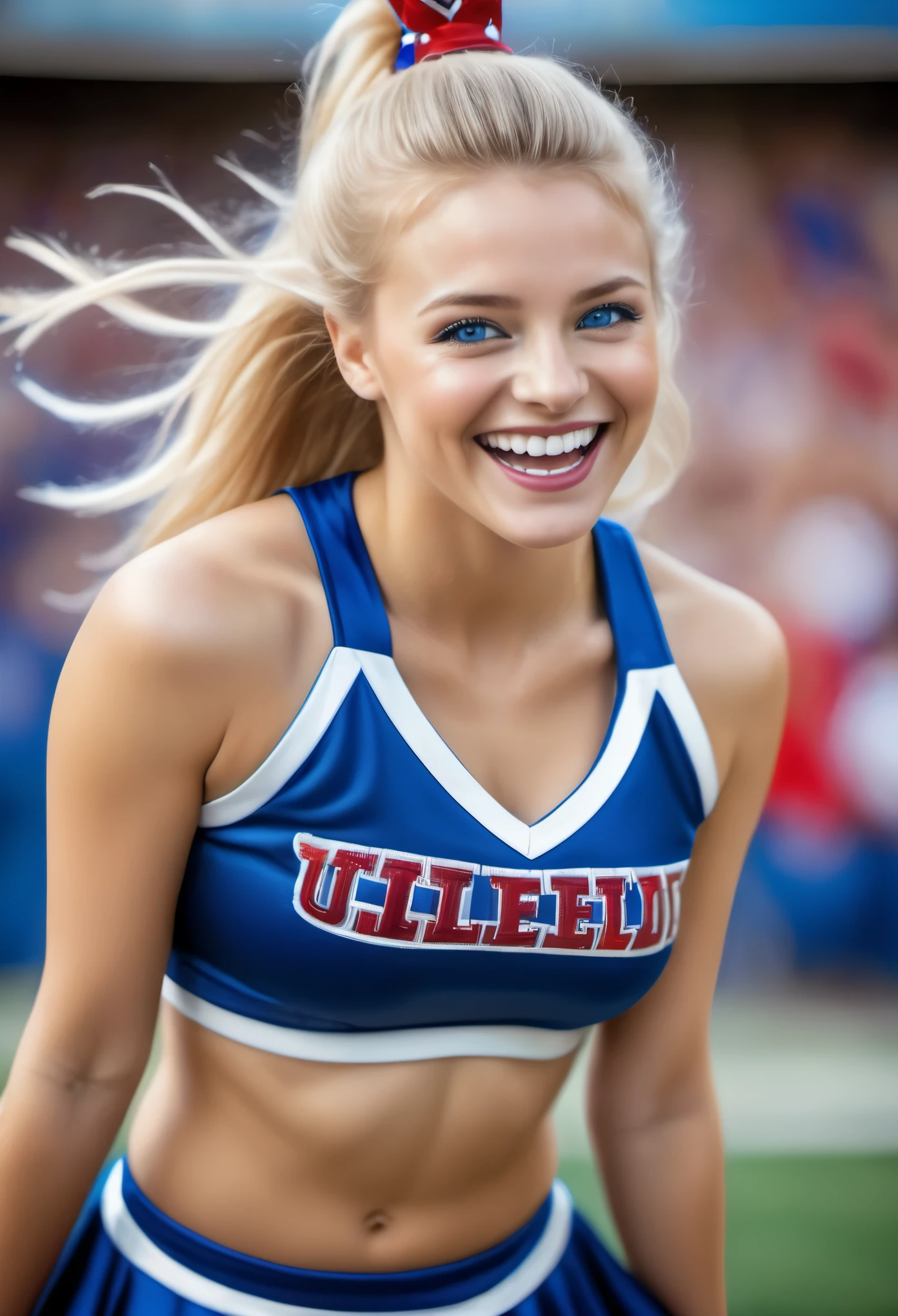 (best quality,4k,8k,highres,masterpiece:1.2),ultra-detailed,(realistic,photorealistic,photo-realistic:1.37),portraits,young beautiful American cheerleader,blonde hair,blue eyes,cheerful smile,energetic and dynamic,attractive facial features,vibrant colors,soft natural lighting,gorgeous makeup,feminine and lively pose,spirited and confident expression,trendy cheerleader uniform with team logo and colors,sharp focus on face and eyes,shiny red and blue pom-poms,powerful and energetic jumps and movements,joyful and enthusiastic atmosphere,warm and vibrant background with cheering crowd,professional photography,HDR,high contrast and saturation,bursting with energy and excitement. detailed moist skin texture,
