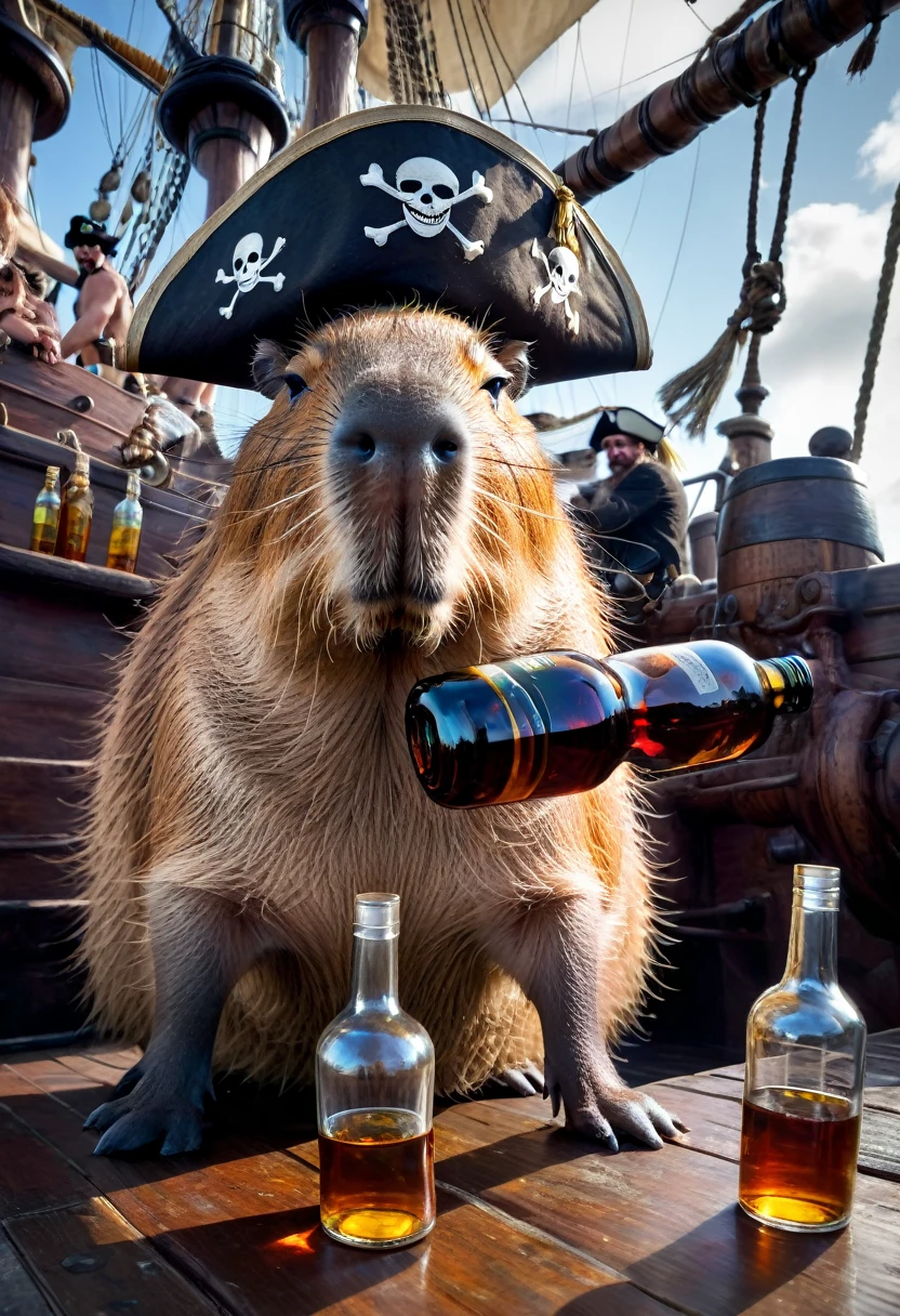 A Capybara, capybara, Capybara pirates with an eye patch and pirate hats and holding bottles of rum, on a ghost ship, intricate details, HDR, beautifully shot, hyperrealistic, sharp focus,  megapixels, perfect composition, high contrast, cinematic, atmospheric, moody