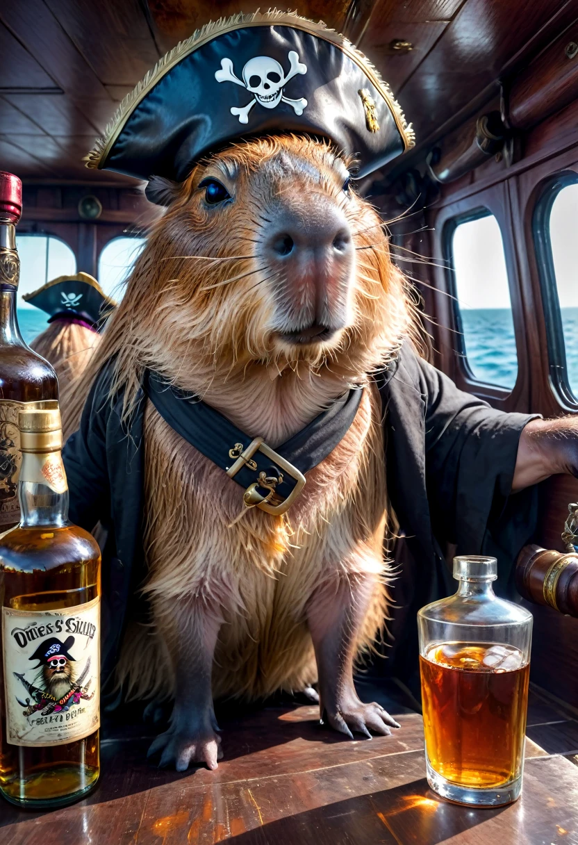 A Capybara, capybara, Capybara pirates with an eye patch and pirate hats and holding bottles of rum, on a ghost ship, intricate details, HDR, beautifully shot, hyperrealistic, sharp focus,  megapixels, perfect composition, high contrast, cinematic, atmospheric, moody