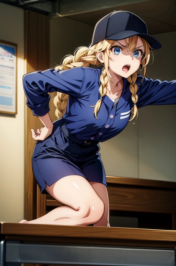 angry , open mouth,pose, leaning forward, focus on face, broken mechanical parts on desk,, (masterpiece:1.2),(best quality:1.2),newest, ai-generated,Eiko Tsukimi, blue eyes, braid, twin braid,blonde hair,baseball cap