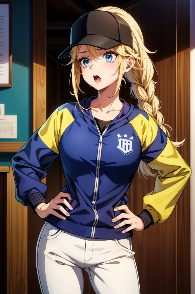 a cartoon  female baseball player with baseball gloves and hair all pulled back, 1girl, solo, twin braids, blonde hair, blue eyes, braid, open mouth, long hair, hat, baseball cap, breasts, jacket, indoors, collarbone, hand on hip