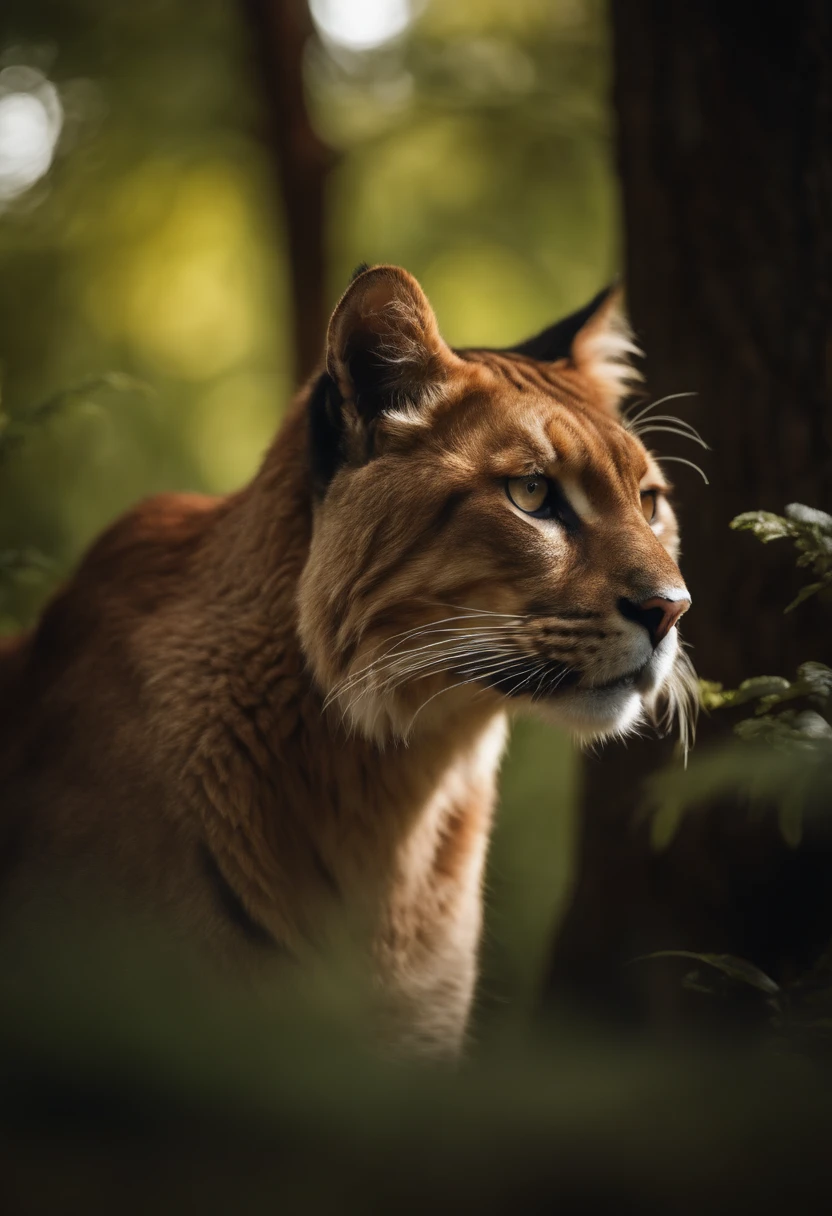 chic, big cat, the wool is shiny, The eyes are very beautiful, In the summer forest, against the backdrop of trees, lighting light sunlight, Ultra-realistic.