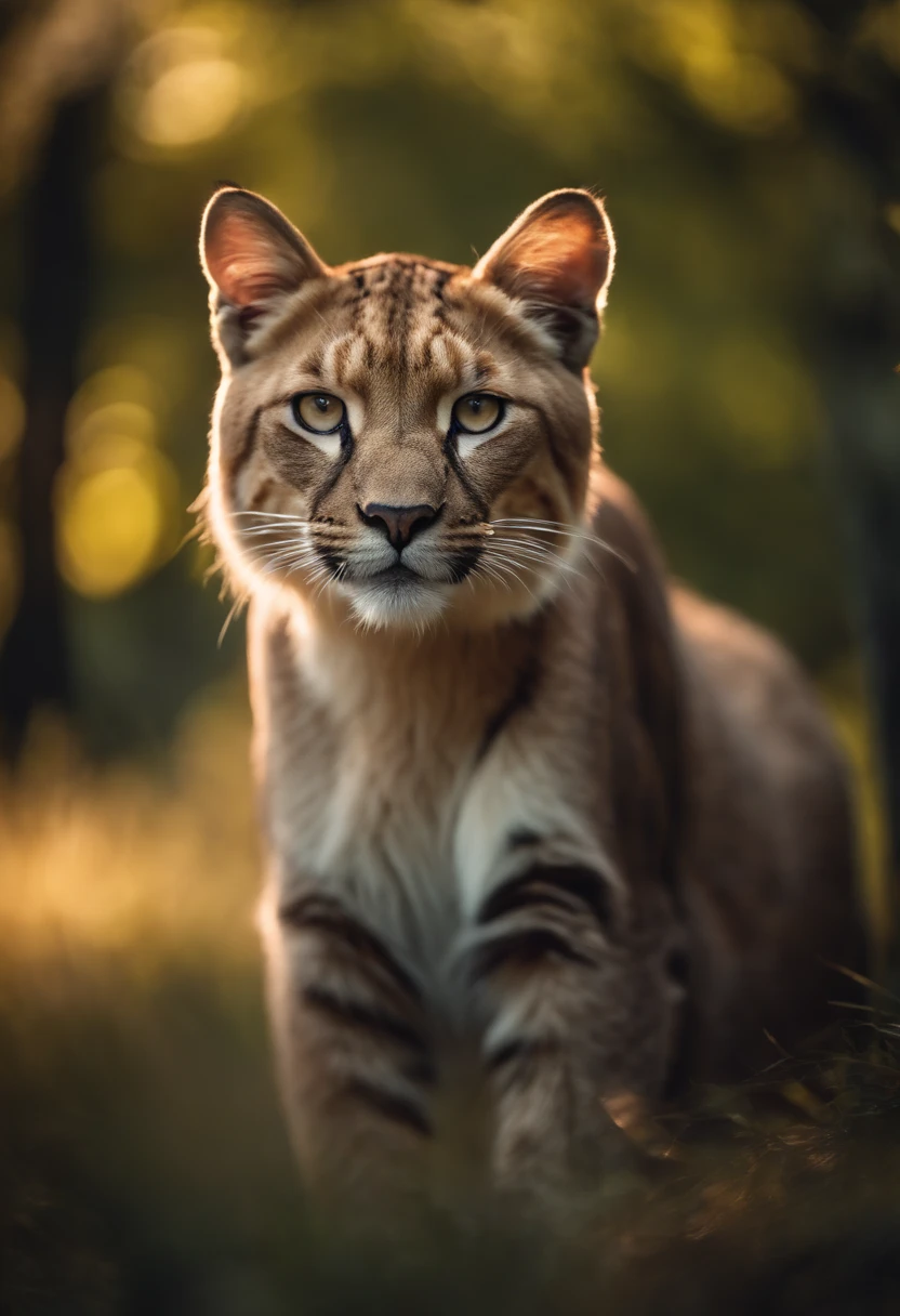 chic, big cat, the wool is shiny, The eyes are very beautiful, In the summer forest, against the backdrop of trees, lighting light sunlight, Ultra-realistic.