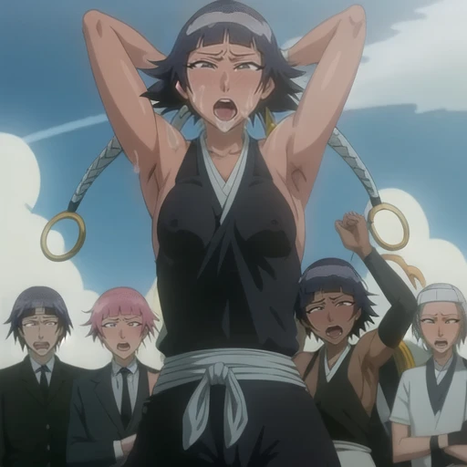 ( Animation screenshots:1.1),outdoor, Nipples exposed, 1 woman, alone, black hair, side breasts,eternal, short hair with long locks, japanese clothing, - Hip vents, no underwear,short hair, small breasts, (white eyes:1.1),No eyeballs, Also available in black, no headgear,low double braids,facing the audience, looking at the audience, tired, from below, (Exposed armpit:1.1), ((armpit:1.2)), Sexy, Sweat dripping, More and more sweat,(ahegao), (Roll your eyes), naughty face, blush, open mouth, Sticking out tongue, saliva, Slobber,Runny nose,skinny, raise arms, (arms above head:1.5)