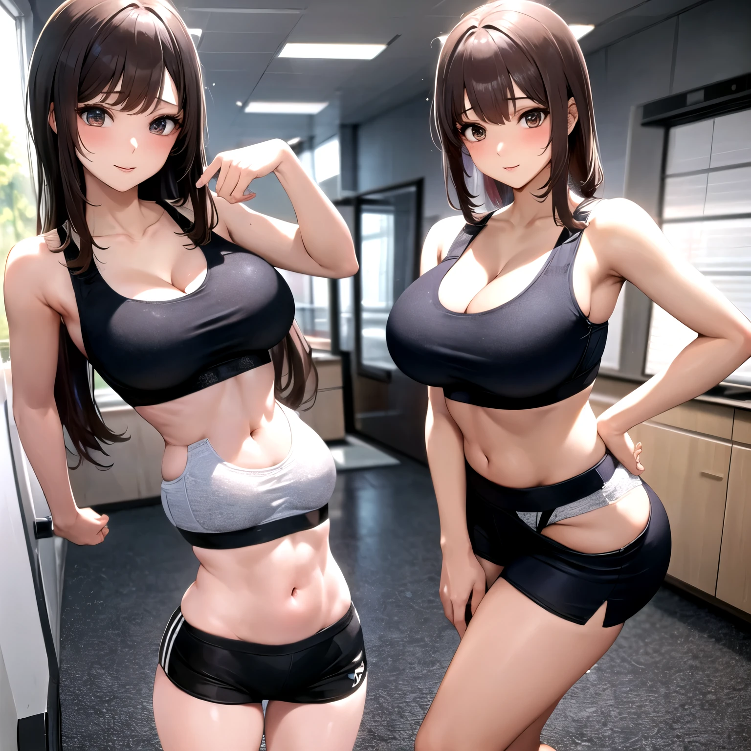 masterpiece, super high quality, Ultra-detailed, Perfect Anatomy, alone, Sexy pose, A 25-year-old woman is thin and has large breasts., (Impossible sports bra:1.3), Shorts, sneakers, Cleavage,