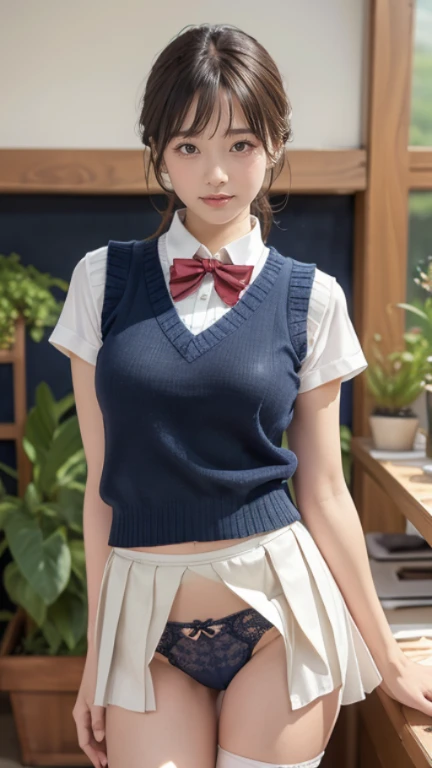 (masterpiece:1.2, highest quality), (Realistic, photoRealistic:1.4), Beautiful illustrations, (Natural Side Lighting, Cinema Lighting), Written boundary depth,
Looking at the audience, Front view, 1 girl, English, high school girl, 20-year-old, Perfect Face, Symmetrical cute face, Shiny skin, Leg spread,
(Bob Hair:1.7,blonde), Asymmetrical bangs, Big eyes, Droopy eyes, long eyelashes chest), thin,
Beautiful Hair, Beautiful Face, Beautiful and beautiful eyes, Beautiful clavicle, Beautiful body, Beautiful breasts, Beautiful thighs, Beautiful legs, Beautiful fingers,
((High-quality fabric, Brown knitted vest, Short sleeve white collar shirt, Navy Pleated Skirt, Navy bow tie)),
(Beautiful views), evening, (Inside the flower shop), Are standing, (smile, Superior, Open your mouth), (((Skirt flip, panties, Genitals are visible))), Full Body Shot, Dark blue socks, Sexy Face, Inverted nipples, ((small vibrator in panties)), wet panties,