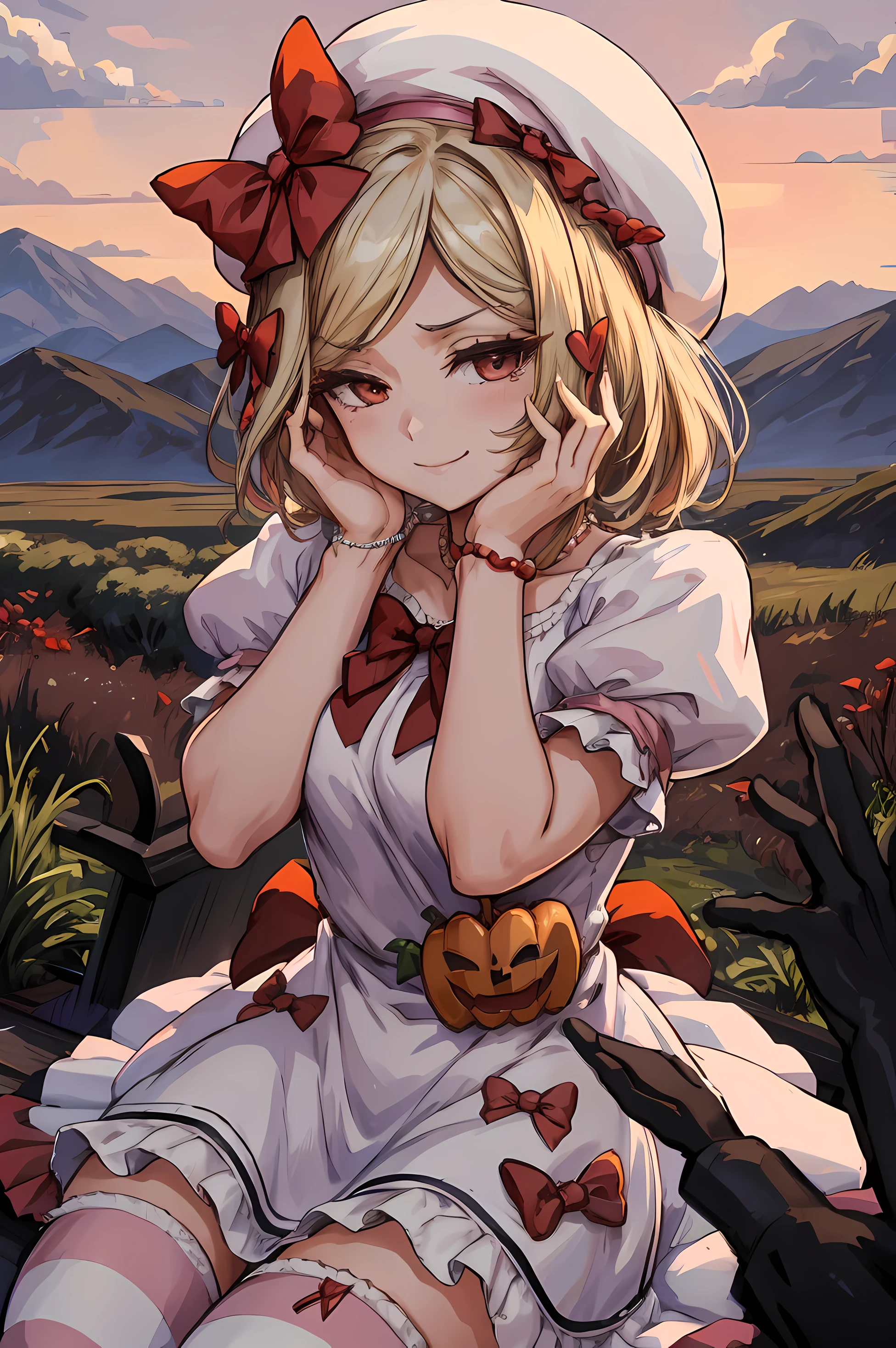 (masterpiece),(best quality), lambdadelta ,dress, striped stockings, red bow, pink hat, necklace, gloves, pearl, pumpkin brooch, crazy face, upper body, persistent stare, mountains, forest, looking at the viewer, red sky, yandere trance, yandere, hands on own face,hands on own cheeks, blank eyes, blush, large smile, yandere smile,