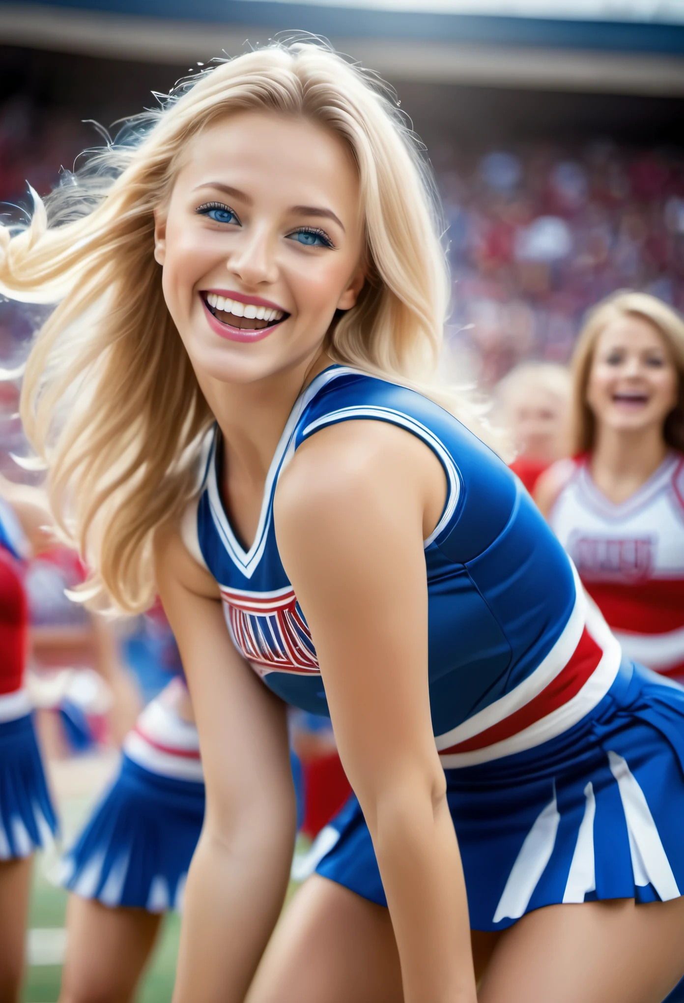 (best quality,4k,8k,highres,masterpiece:1.2),ultra-detailed,(realistic,photorealistic,photo-realistic:1.37),portraits,young beautiful American cheerleader,blonde hair,blue eyes,cheerful smile,energetic and dynamic,attractive facial features,vibrant colors,soft natural lighting,gorgeous makeup,feminine and lively pose,spirited and confident expression,trendy cheerleader uniform with team logo and colors,sharp focus on face and eyes,shiny red and blue pom-poms,powerful and energetic jumps and movements,joyful and enthusiastic atmosphere,warm and vibrant background with cheering crowd,professional photography,HDR,high contrast and saturation,bursting with energy and excitement. detailed moist skin texture,