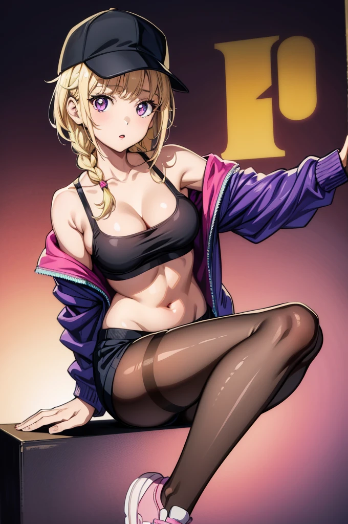 1girl, solo, breasts, looking at viewer, , bangs, black hair, hair ornament, navel, cleavage, medium breasts, sitting, jacket, pantyhose, shoes, shorts, hairclip, off shoulder, lips, black pantyhose, short shorts, sneakers, purple background, sports bra, realistic, legwear under shorts, leggings, pink shorts,shizukazom100, 1girl, short hair, dark purple hair, bangs, hair ornament, hairclip, pink eyes, white pupils, medium breasts, collarbone,,Eiko Tsukimi, blue eyes, braid, twin braid,(((blonde hair))),baseball cap