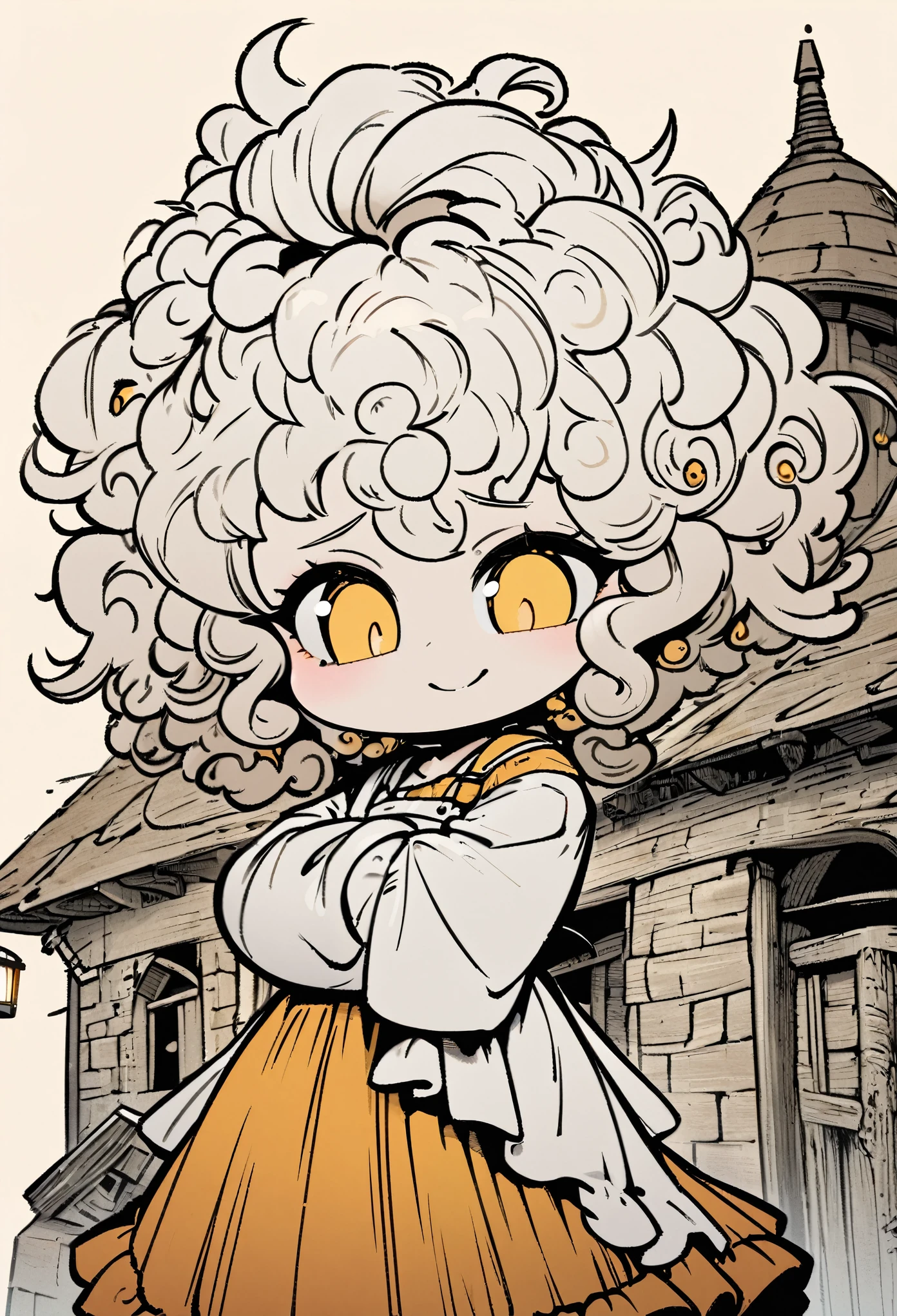 chibi, super deformed, funny, best quality, super fine, 16k, incredibly absurdres, extremely detailed, delicate, flashy and dynamic depiction, cute white woman, shy, smile, orange curly messy hair, wearing white long-sleeved and long skirt work clothes, portrait, gold eyes, background simple color, medieval western-style building