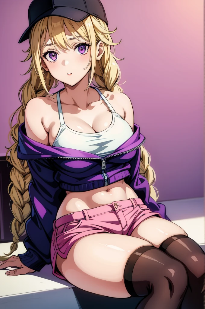 , super fine illustration,vibrant colors, masterpiece, sharp focus, best quality, depth of field, cinematic lighting,ultra detailed,1girl,1girl,jean \(genshin impact\),genshin impact,
(onepiece body pajamas:1.3),zipper,sexy shorts,navel,thighs,sit on bed,cleavage,hood down,, (masterpiece:1.2),(best quality:1.2),newest, ai-generated,Eiko Tsukimi, blue eyes, braid, twin braid,(((blonde hair))),baseball cap