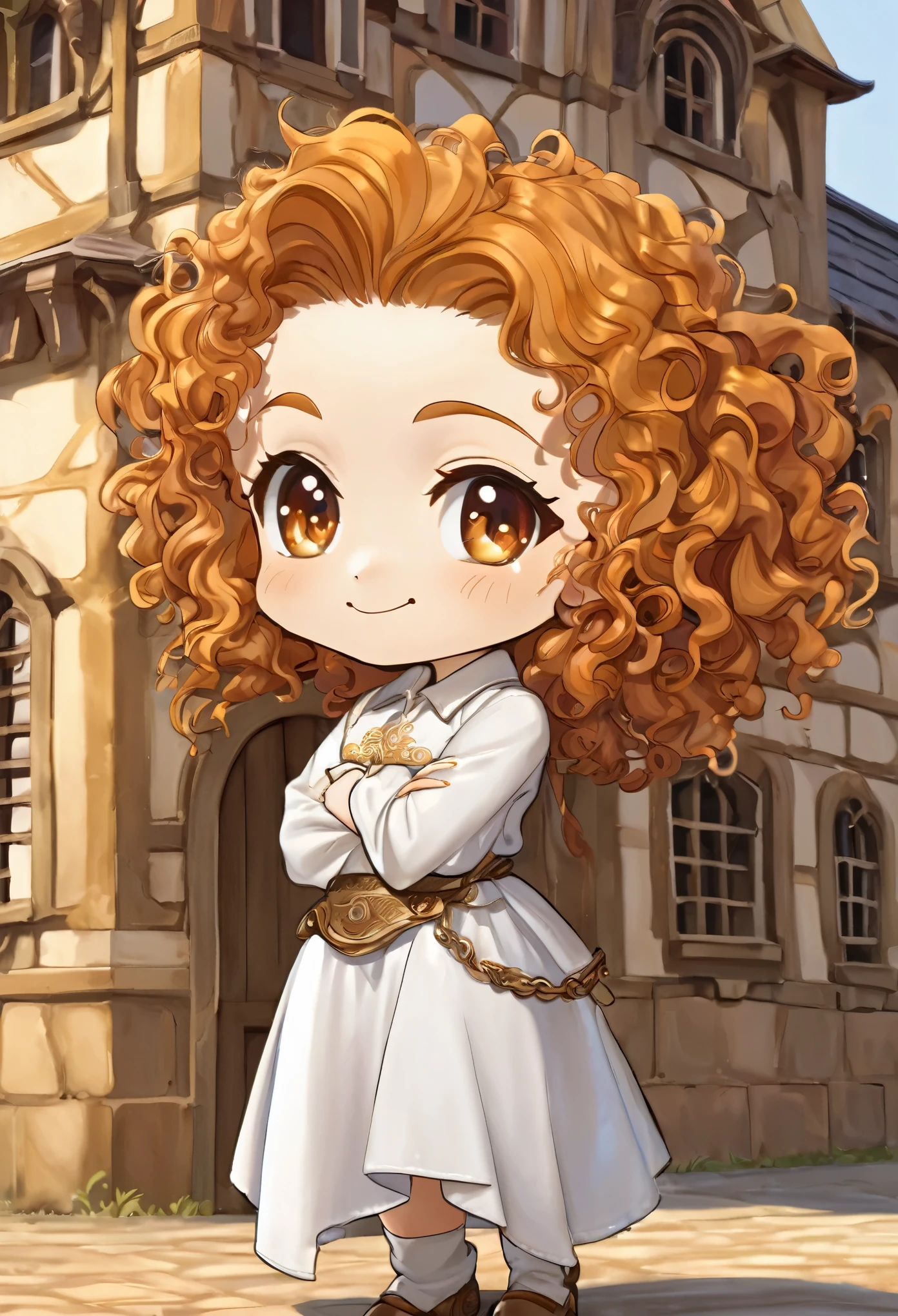 chibi, super deformed, funny, best quality, super fine, 16k, incredibly absurdres, extremely detailed, delicate, flashy and dynamic depiction, cute white woman, shy, smile, orange curly messy hair, wearing white long-sleeved and long skirt work clothes, portrait, gold eyes, background simple color, medieval western-style building