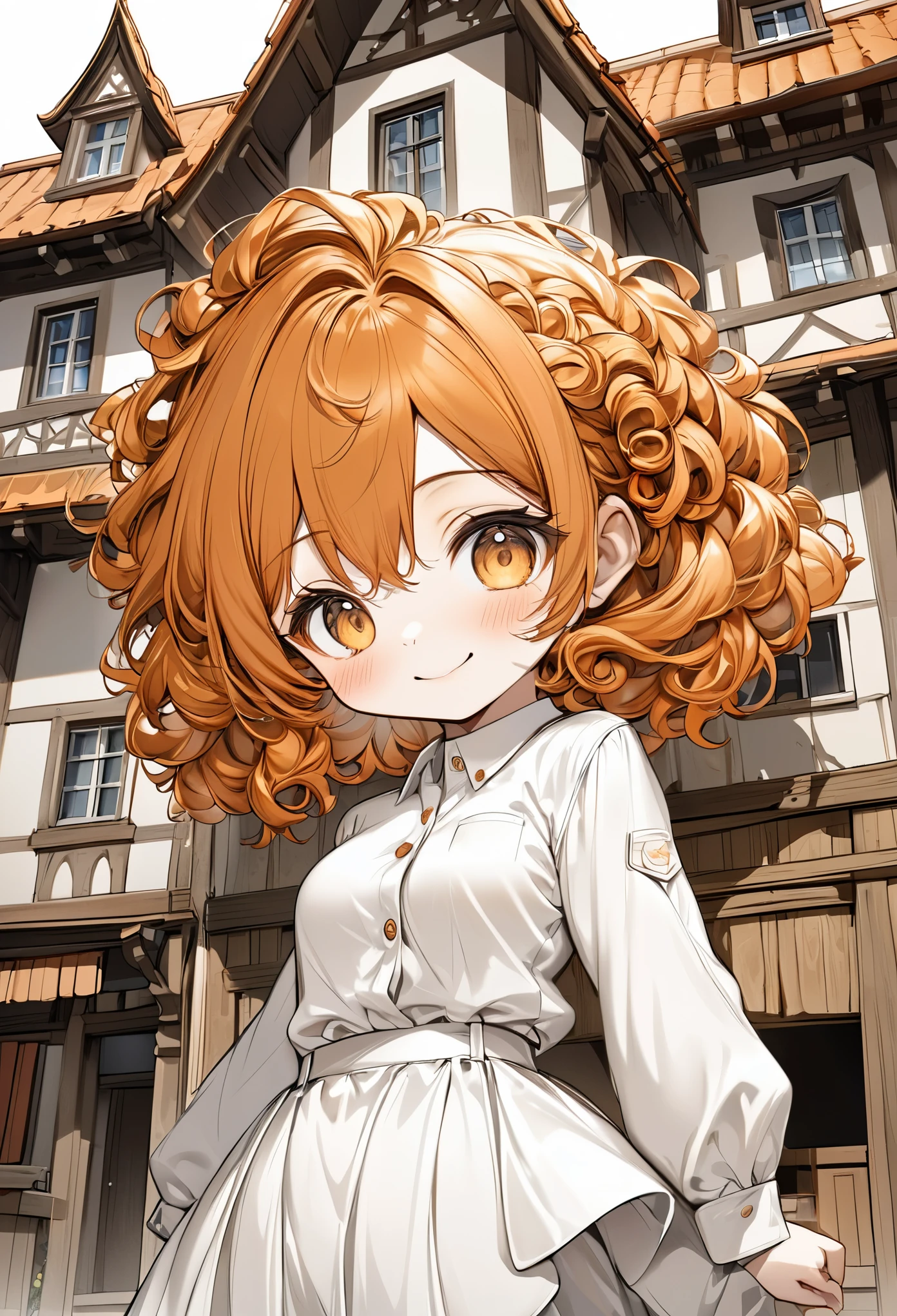 chibi, super deformed, funny, best quality, super fine, 16k, incredibly absurdres, extremely detailed, delicate, flashy and dynamic depiction, cute white woman, shy, smile, orange curly messy hair, wearing white long-sleeved and long skirt work clothes, portrait, gold eyes, background simple color, medieval western-style building